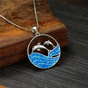 Blue Opal Dolphins Ocean Silver Necklace & Chain